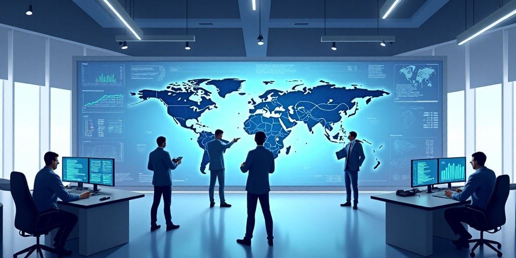Six business professionals stand around modern desks examining several large computer monitors illuminated by a blurred city