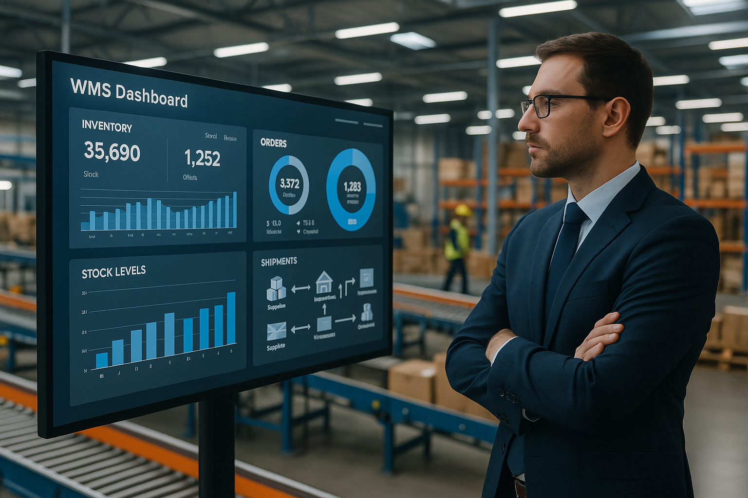 A warehouse management interface displays data with a graph and charts presenting key metrics for inventory analysis
