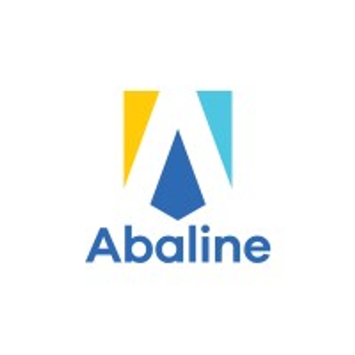Abaline logo features a bold blue triangle shape representing paper products and a vibrant yellow background