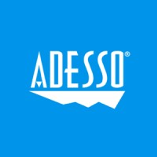 The Adesso Inc logo features a white stylized wave form against a blue background representing innovation and technology