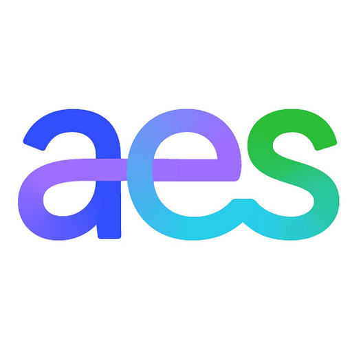 A logo featuring AES Clean Energy Development LLC in a gradient blue color symbolizing clean energy development and a modern