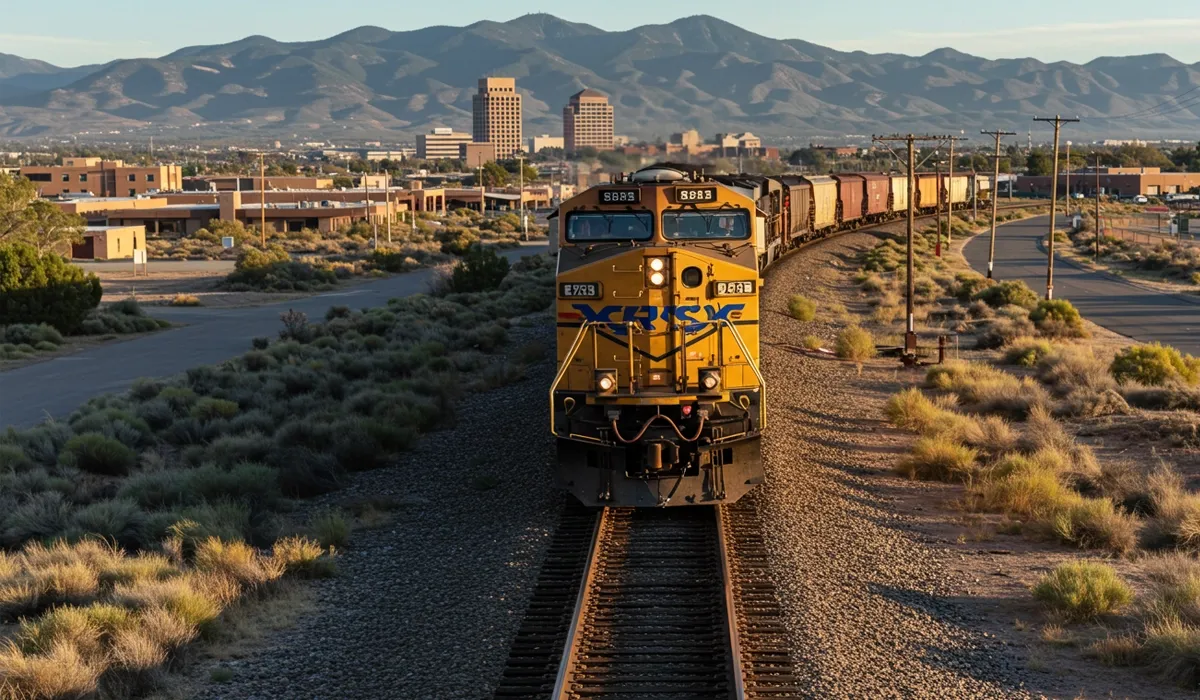 A long freight train stretches across a distant landscape under a bright sky a classic New Mexico scene