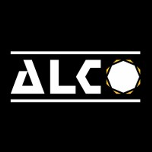 ALCO logo featuring a stylized showerhead with a yellow inner circle and the brand name ALCO in white text