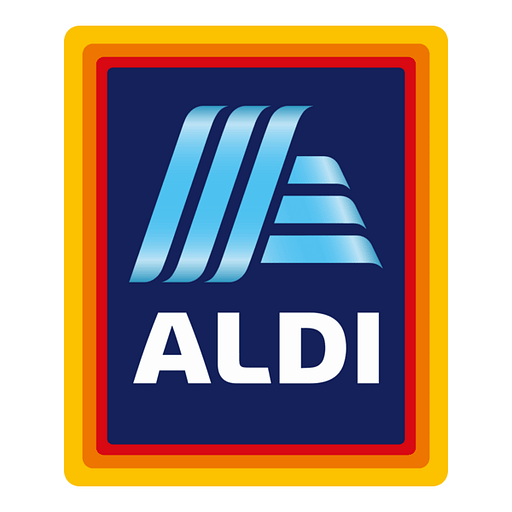 ALDI logo features the supermarkets distinctive red and blue color scheme with the stores name in white text