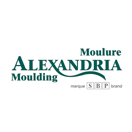 The Alexandria Moulding logo displays the brand name in a stylized font with a shield shape and a subtle molding element