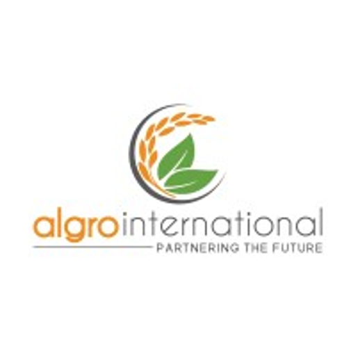 Algro International logo featuring a stylized sheaf of wheat with a green leaf signifying global agriculture and growth