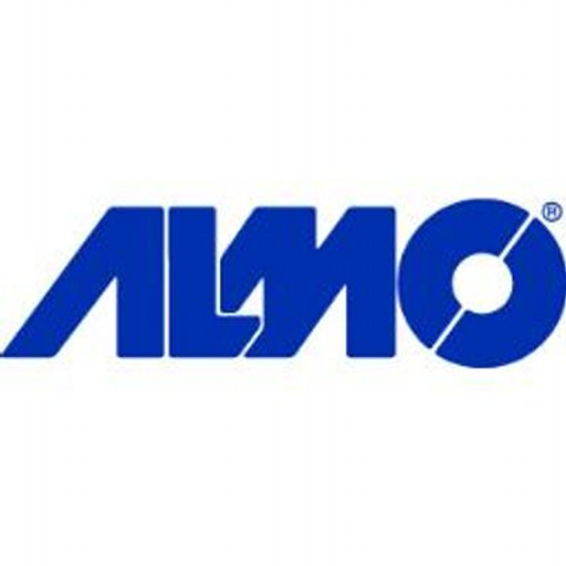 Almo Distributing logo features a bold blue shield design with the company name in a stylized font