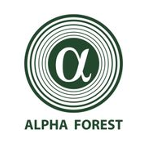 Alpha Forest international inc logo displays a stylized forest design with intertwined branches and a green color palette
