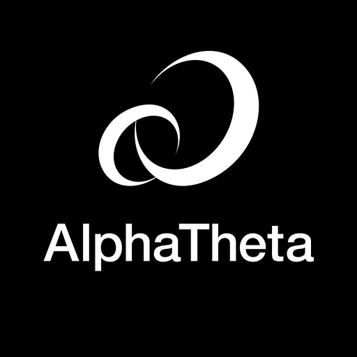The AlphaTheta logo features a stylized graphic with intersecting circles and a central shape representing musical notes or