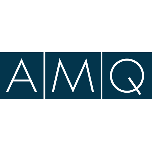 The logo for AMQ Solutions LLC features a blue square design with white geometric shapes creating a modern and abstract