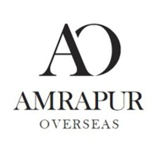 A black and white logo featuring the text Amrapur Overseas Inc in a stylized font representing a stylized globe