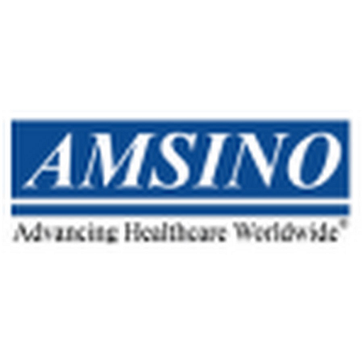 A logo for AMSINO International Inc displays the company name and a stylized design featuring a blue square and text