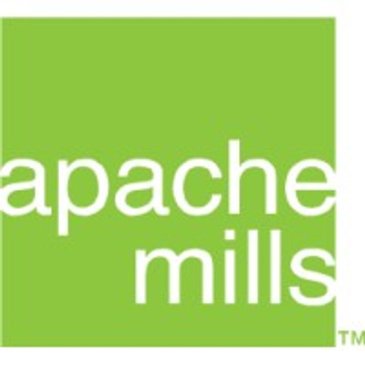 The Apache Mills Inc logo features a stylized milling wheel design in shades of green and white against a dark background