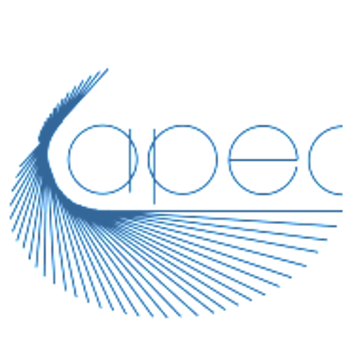 A stylized blue feather design represents APEC International LLC with a dynamic and flowing appearance