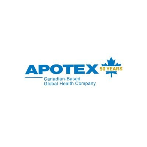 The Apotex Inc logo displays fifty years of operation with a stylized maple leaf design prominently featured in blue and