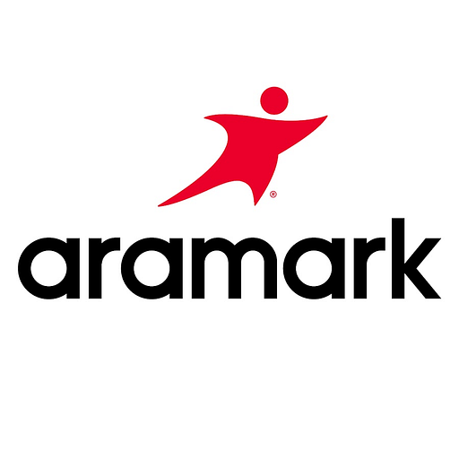 Arnamark uniform and career apparel logo displays a stylized figure wearing a dark blue uniform and a white name badge
