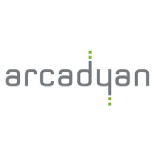 Arcadyan technology logo depicting a winged robot holding a laser beam against a blue background