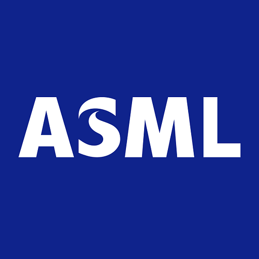 Asml us inc logo on a solid blue background The logo features the company name and a stylized design