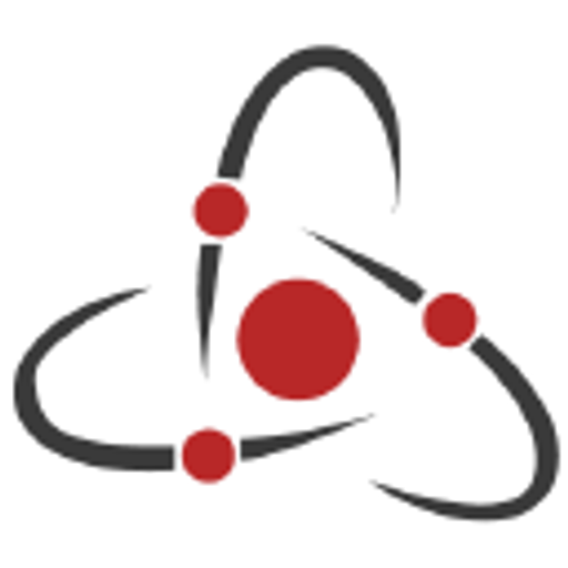 A vibrant red atom logo representing Atomic Trading Inc features a central nucleus with orbiting electrons suggesting