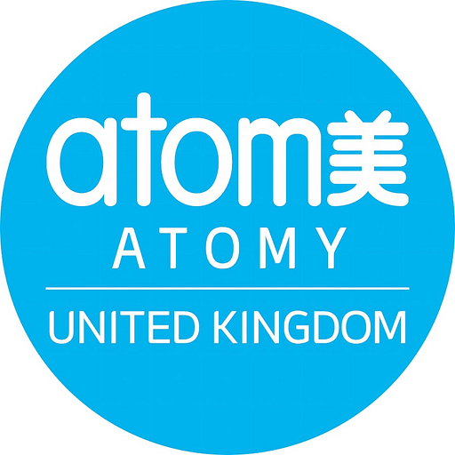 The atomy America Inc logo features a stylized blue globe with a white star at the center representing global reach and