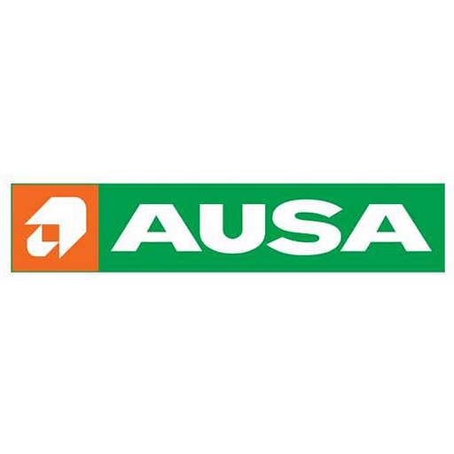 Ausa Corporation logo features a green background with an orange shield and the company name in white bold letters