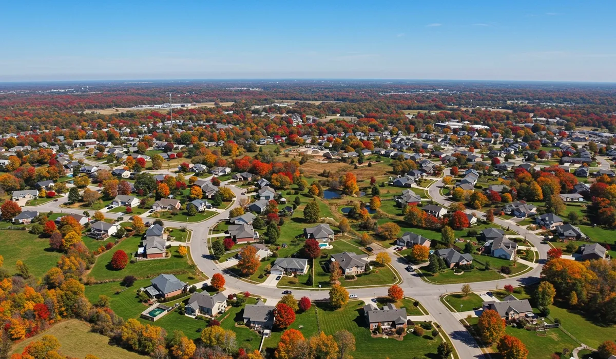 A stunning aerial view showcases a vibrant suburban neighborhood blanketed in autumnal colors with houses surrounded by