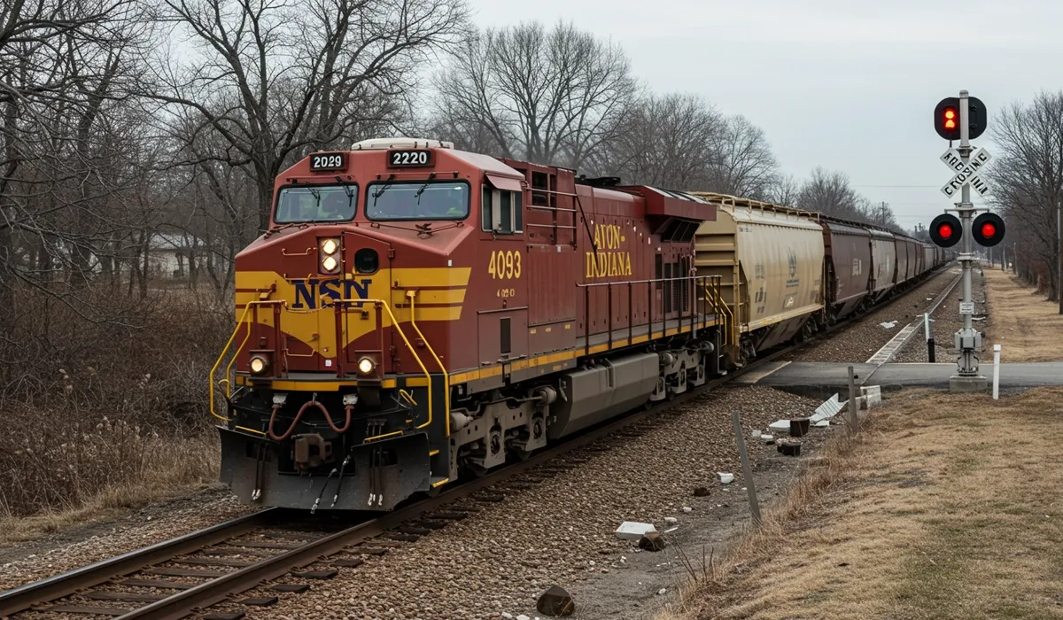 A freight train travels along a straight track in Avon Indiana The locomotive is painted a dark blue with white details and