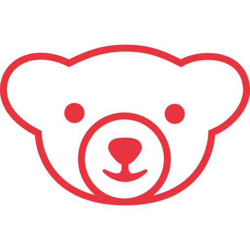 A plush white baby Bjorn logo illustration featuring a smiling bear face with a gentle expression