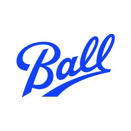 The Ball Corporation logo features a blue metal beverage container with the company name in white