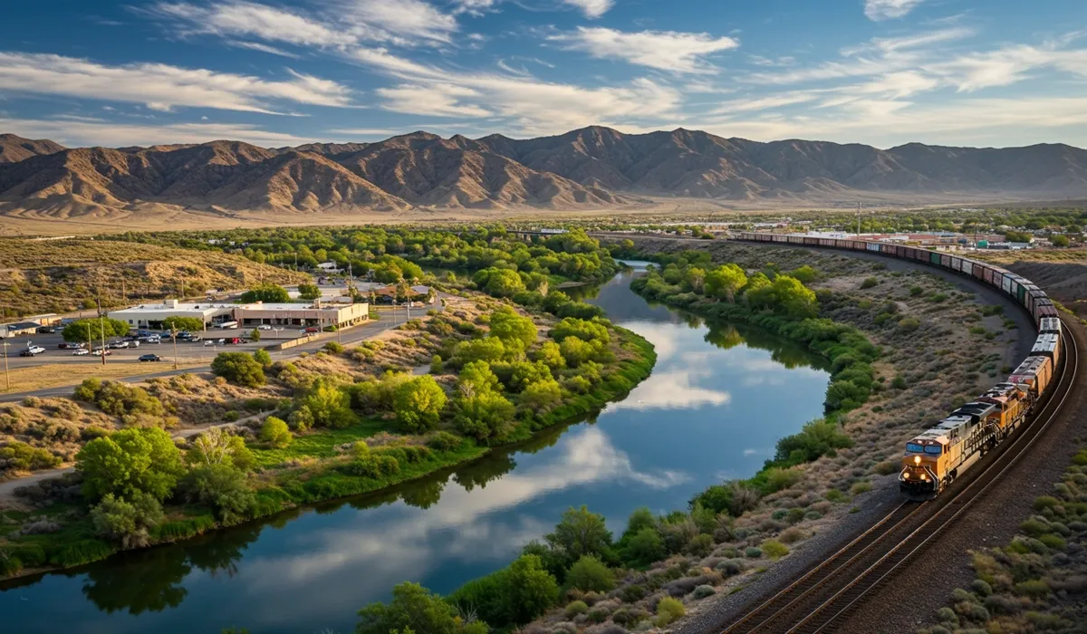 A long freight train travels along a riverbank reflecting in the calm water near Barstow California
