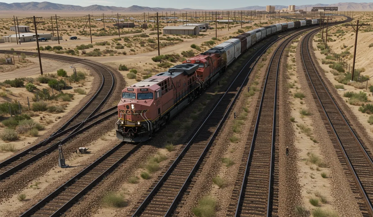 A freight train stretches across a vast desert landscape in California The train runs on parallel tracks under a clear sky