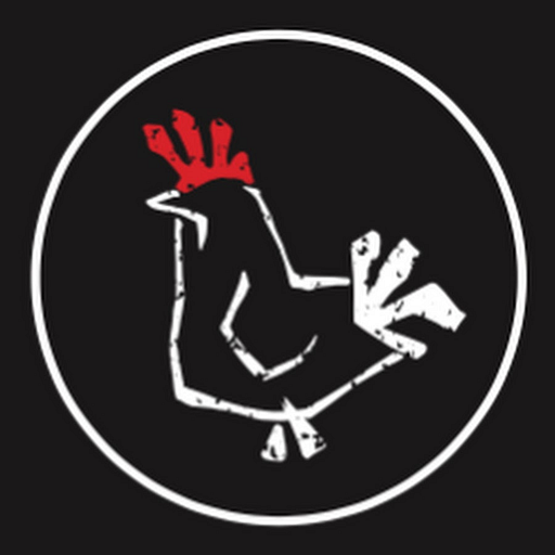 A white chicken logo with a minimalist design stands on a black background The logo features simple lines for a modern look