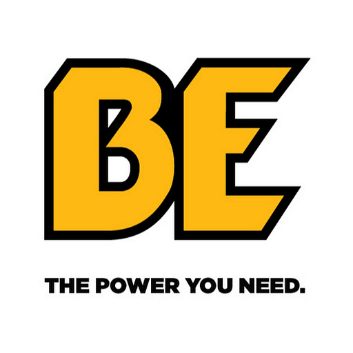 The Be Power Equipment Inc logo features bold yellow letters with black outlines depicting power and equipment branding