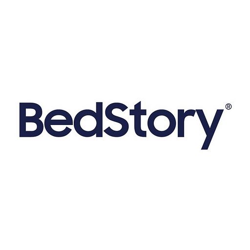 The Bed Story logo depicts the companys navy blue emblem featuring a stylized bed and the words Bed Story in white