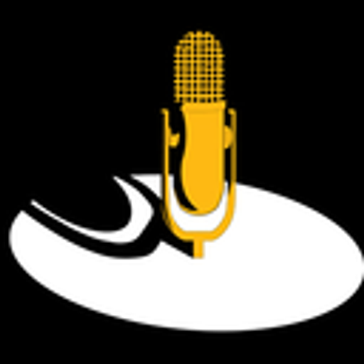 A golden microphone rests on a white oval shape representing a logo suggesting audio or broadcasting equipment