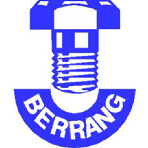 A closeup image shows the Berrang Inc logo a stylized screw head predominantly white with dark accents and a subtle metallic