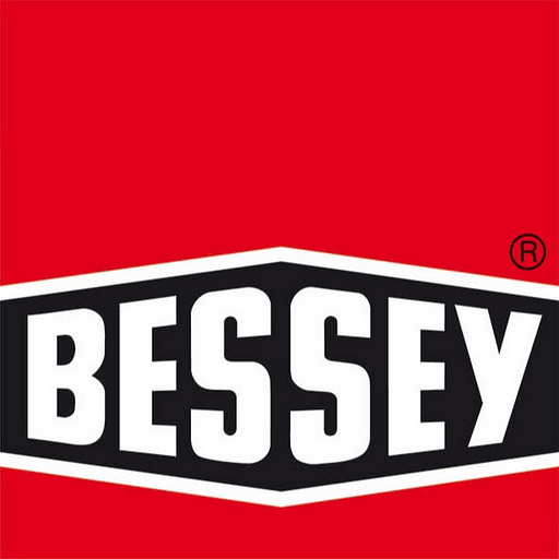 Bessey Tools Inc logo on a bright red background featuring the companys classic white and black emblem representing