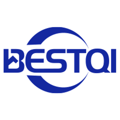 Blue bestqi innovation techno logo featuring a stylized circular emblem with bestqi text and a techinspired design