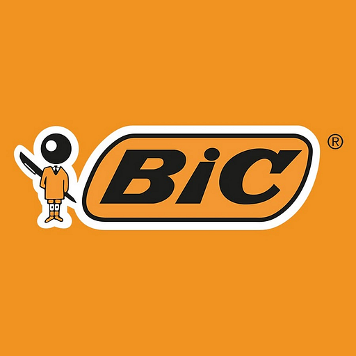 The Bic logo displays the iconic yellow pen illustration against a red background a classic symbol of the brand