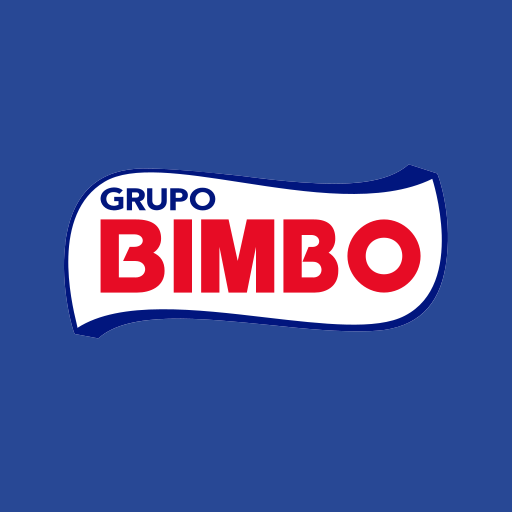 A white logo featuring Grupo Bimbo in bold red lettering against a blue background The logo includes a stylized white outline