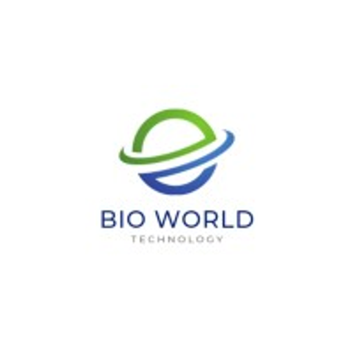The Bioworld logo features a stylized globe design with a blue ribbon encircling it signifying worldwide branding and