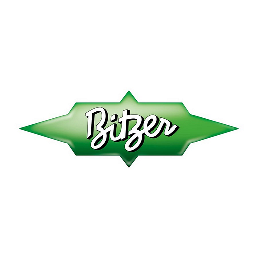 A green scroll with the Bitzer Inc logo featuring stylized text and a central graphic element indicates the companys brand