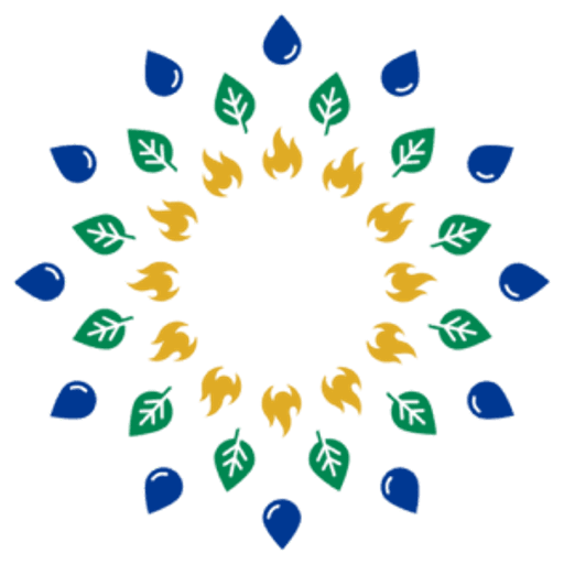 A circular logo featuring a blooming flower with stylized leaves represents a brand or design with a natural and vibrant