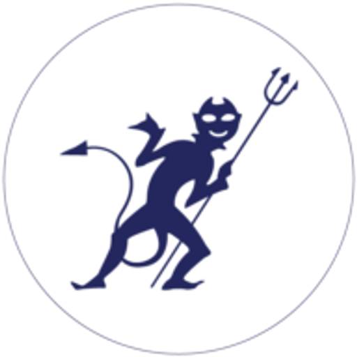 A grinning devil figure with a prominent pitchfork stands confidently The demons horns and tail are clearly visible