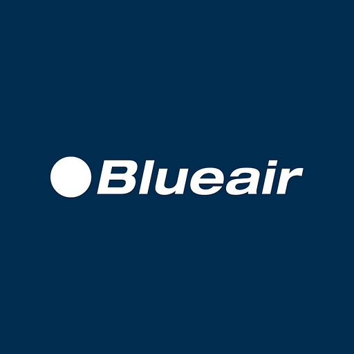 Blueair logo featuring a stylized air purifier design with a blue swirl representing clean air and modern design