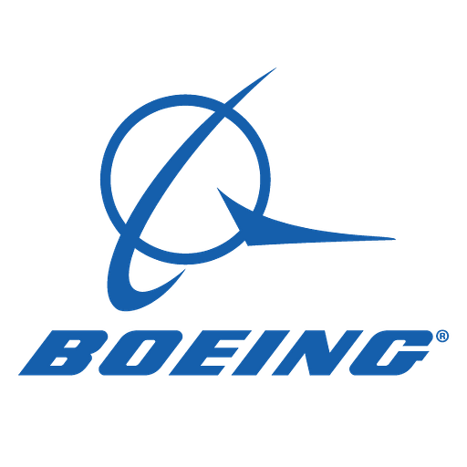 Boeing logo prominent against a white background featuring the iconic airplane shape representing the aerospace giants brand