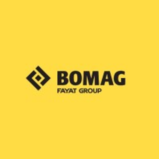 A Bomag logo featuring a dark gray tractor graphic atop a gray background representing the construction equipment