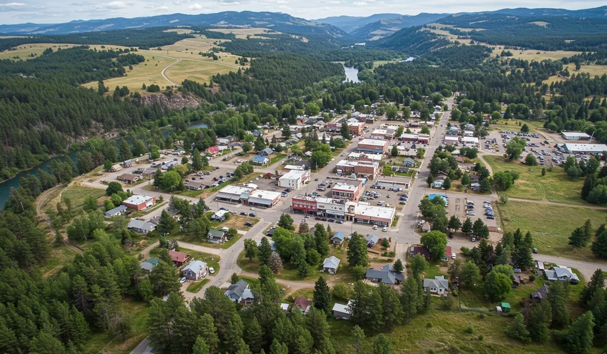Overlooking Bonners Ferry Idaho a scenic view reveals a town surrounded by pine trees and a river showcasing redroofed