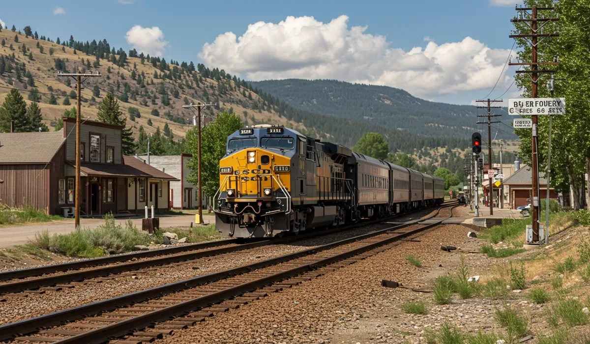 A freight train travels along a long railway track passing through a rural landscape with a distant town