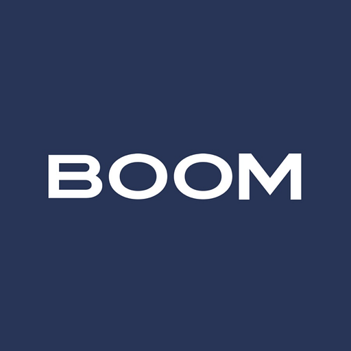 The Boom International Holdings Inc logo features a stylized exploding starburst graphic in dark blue against a deep navy